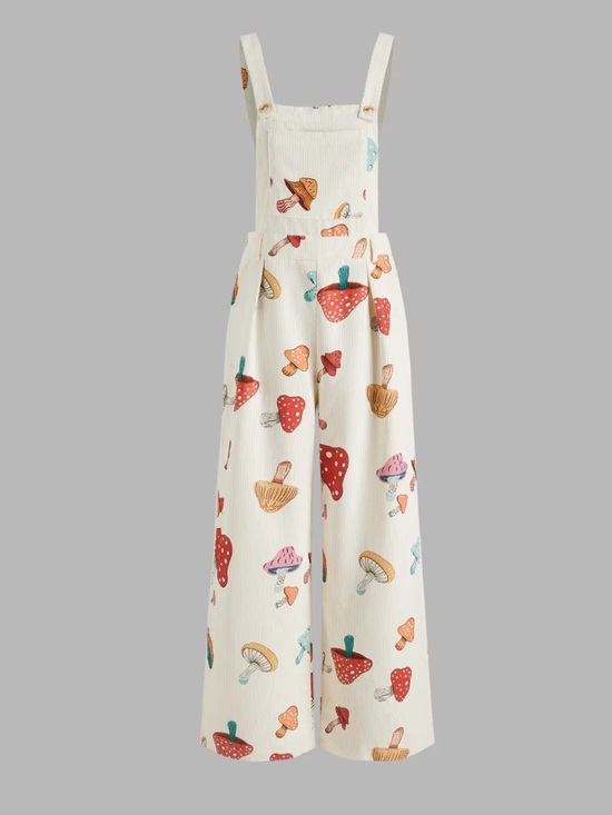 Cider Mushroom Print Corduroy Overalls Wide Leg Cottagecore Indie Beige L - Picture 3 of 9
